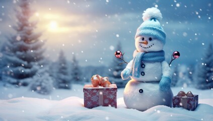 Winter holiday Christmas background banner - Closeup of cute funny laughing snowman with hat on snow background, gift boxes