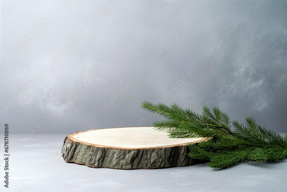 Poster wooden platform for product presentation with fir branches on gray background. high quality photo