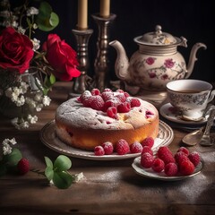Grandma's freshly baked raspberry cake served on a traditional plate next to a vintage teapot, cup and vase with roses on a wooden table