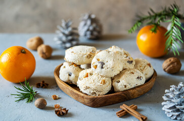 Obraz na płótnie Canvas Italian traditional Christmas sweets Cavallucci over grey background with xmas or winter decoration, oranges and spices