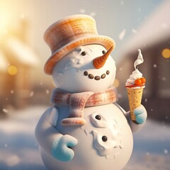 Happy snowman with icecream, scarf and hat in fairytale snow landscape
