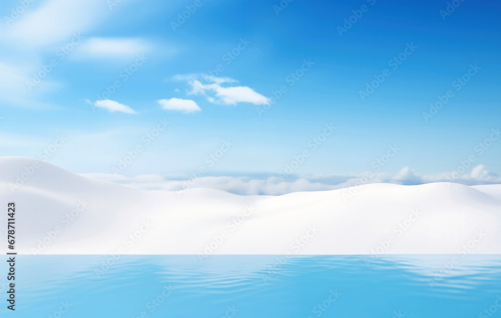 Poster empty blue water in front of snow field with blue sky and white clouds background. perfect for produ