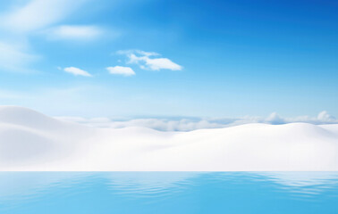 Empty blue water in front of snow field with blue sky and white clouds background. Perfect for product display and montage. High quality photo