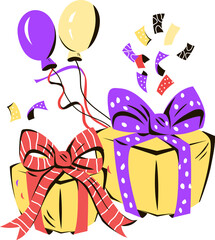 Gift boxes and balloons for celebration, holiday or birthday topic.