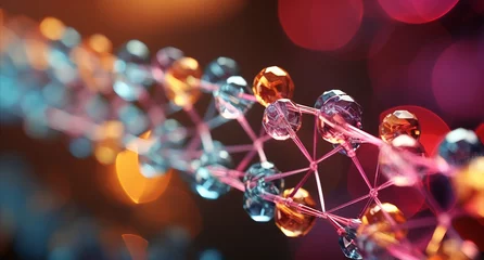 Fotobehang 3D model of a DNA molecule with shiny bonds and atoms. Background of blurred blue and red light highlights. Concept: scientific medical, genetic and biotechnology. © Marynkka_muis