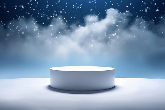 White round podium for mock up presentation in winter snowfall at the night background. High quality photo