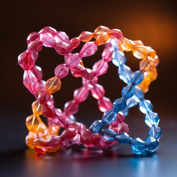 3D model of a DNA molecule with shiny bonds and atoms. Background of blurred blue and red light highlights. Concept: scientific medical, genetic and biotechnology.