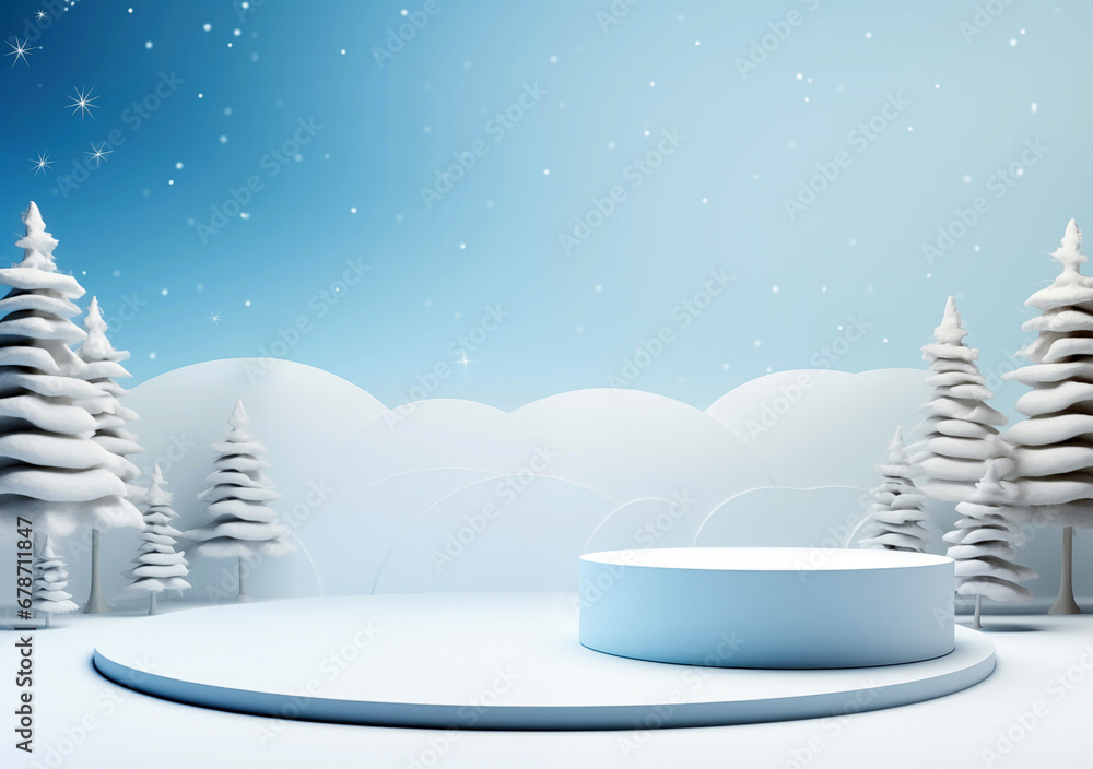 Poster empty round pedestal and podium in front of trees winter with blue background and snowflakes. high q
