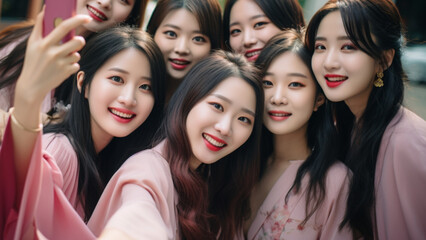 Asian University beautiful women’s gang in pink dress, taking selfie 