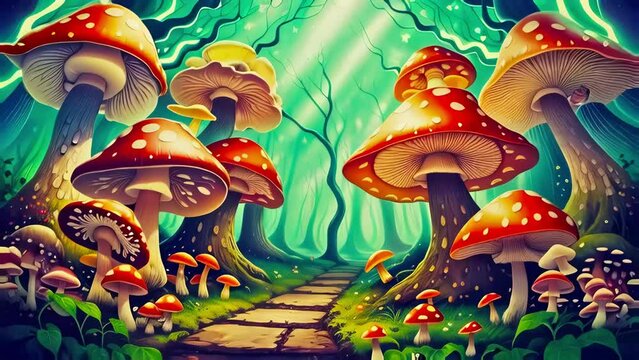 Fantasy mushroom forest with a path leading through it.