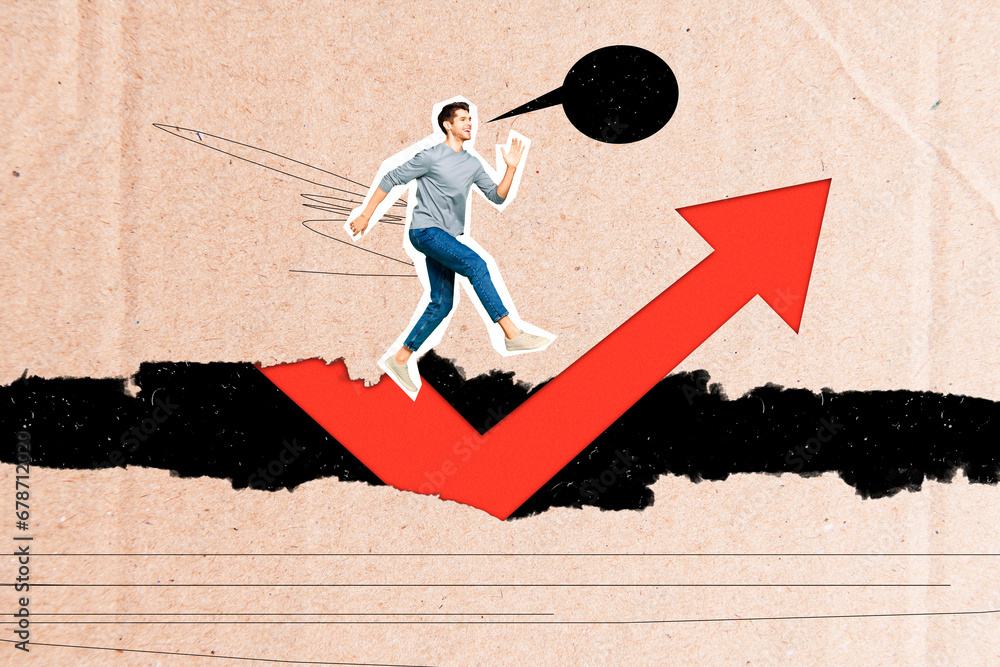 Poster Collage image of cheerful guy running forward dialogue bubble growing upwards arrow pointer isolated on paper background