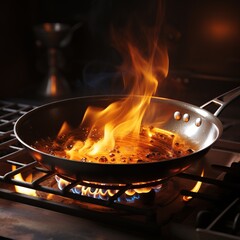 steel frying pan on a gas stove burns with food with an open flame. The process of flambéing a dish. Concept: fire hazard