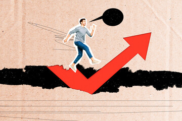 Collage image of cheerful guy running forward dialogue bubble growing upwards arrow pointer...