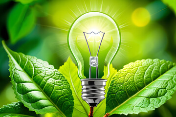 light bulb with green leaves, ecosystem, eco power, green living 