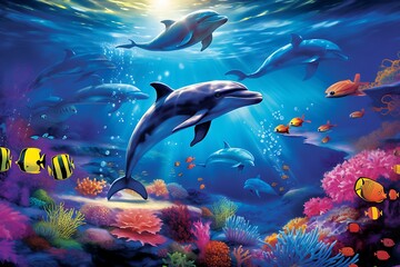 Fototapeta na wymiar underwater world with fishes and dolphins