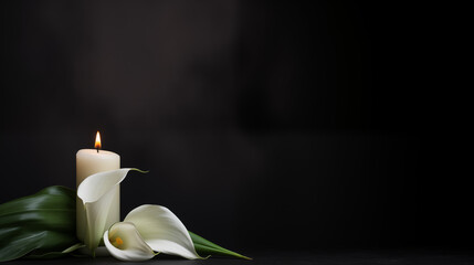 Kerze mit Blumen, Platz für Copy Text, Anzeige, Trauer, Beerdigung, generative Ai	