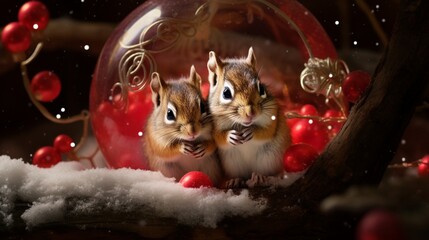 A pair of chipmunks work together to transport a bright red Christmas ornament to their cozy nest.