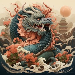Obraz premium Japanese traditional engraving of a Chinese dragon. Mythical beast. Concept: Blooming branches of flowers, art mythology, culture in fantasy.