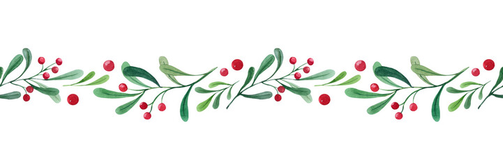 Watercolor seamless Christmas seamless border. Illustration with green branches and red berries. Horizontal border for the design of Christmas and New Year packaging. Postcard, congratulations.
