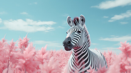 An infrared photograph of a zebra in a pink field, in the style of daz3d, light gray and light...