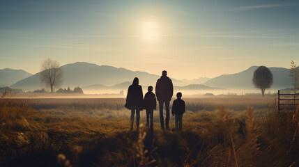 sillouethe of a family watching  the sunrise in the mountains