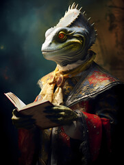 A humanoid lizard dressed as a Roman pope readings with a golden book the document	