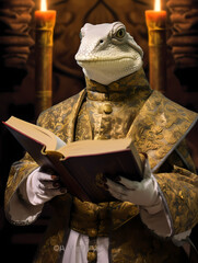 A humanoid lizard dressed as a Roman pope readings with a golden book the document	 - obrazy, fototapety, plakaty