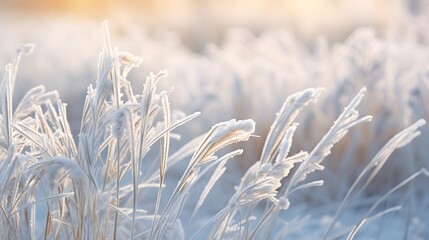 Dry grass covered with frost and ice