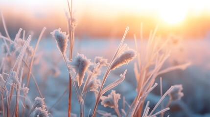 Dry grass covered with frost and ice