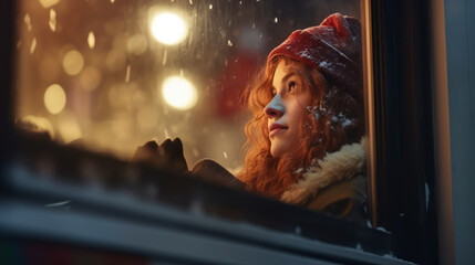View from an evening winter holiday street of a beautiful girl in a red knitted hat sitting on a train near the window, leaning against the glass. Atmospheric winter Christmas atmosphere