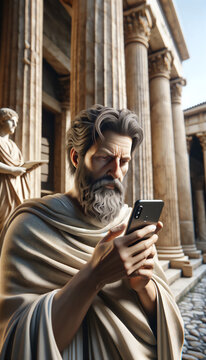 Romano de la Roma clásica mirando un móvil