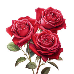 Flowers creative composition. Bouquet of red roses rose plant with leaves isolated on transparent background. Flat lay