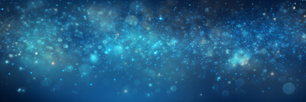 Abstract azure background with floating particles, glowing backdrop. Glitter Blinking sparks background, Christmas and New Year floating glittering on blue, bokeh backdrop with sparks, generative ai