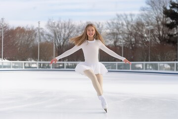 A young skater glides across the ice with a beaming smile, her posture poised and graceful against the stark, bright backdrop of the rink and bare winter trees.   Young woman skating outdoors