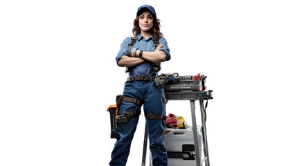 Confident Male Plumber with Toolbox and Pipe Wrench, Isolated on white, Transparent background