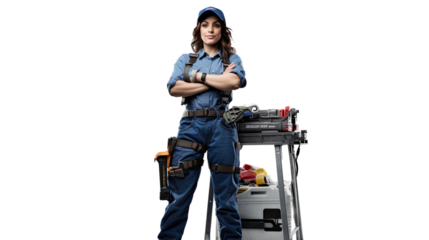 Confident Male Plumber with Toolbox and Pipe Wrench, Isolated on white, Transparent background