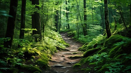 Obraz premium A winding forest trail rich with moss and lush greenery, dappled with sunlight, offers a peaceful hike in the woods.