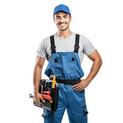 Confident Male Plumber with Toolbox and Pipe Wrench, Isolated on white, Transparent background