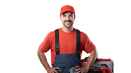 Confident Male Plumber with Toolbox and Pipe Wrench, Isolated on white, Transparent background