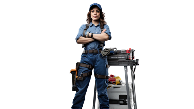 Confident Male Plumber with Toolbox and Pipe Wrench, Isolated on white, Transparent background