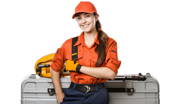 Confident Male Plumber with Toolbox and Pipe Wrench, Isolated on white, Transparent background - Powered by Adobe