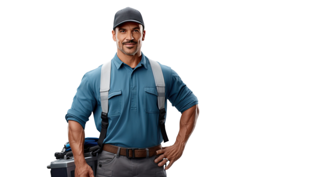 Confident Male Plumber with Toolbox and Pipe Wrench, Isolated on white, Transparent background