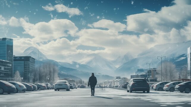 a wintry urban scene with a solitary figure walking in a parking lot, snow gently falling, and a backdrop of majestic snow-covered mountains under a bright sky.