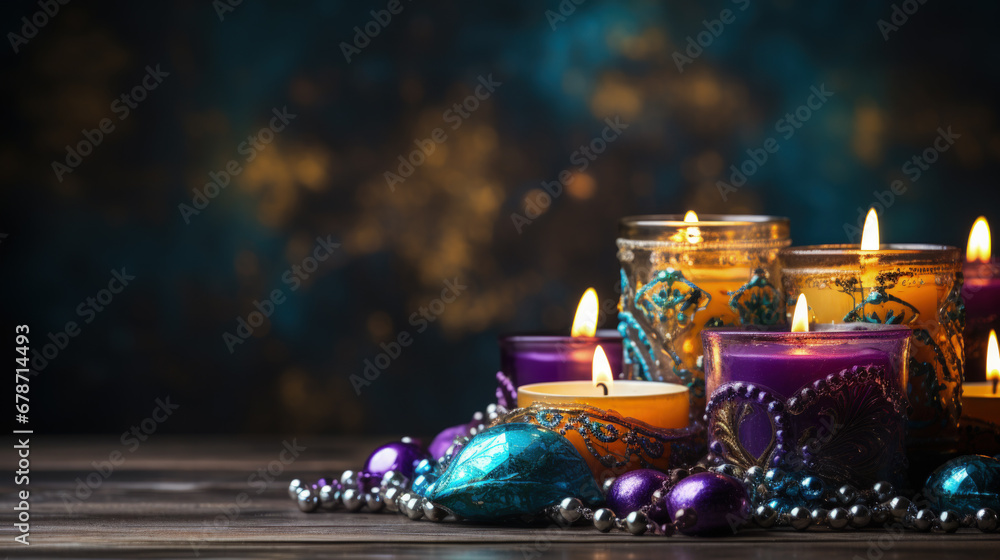Poster mardi gras themed candles and crafts making process background with empty space for text