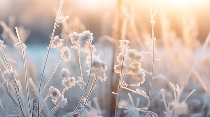 Dry grass covered with frost and ice - obrazy, fototapety, plakaty