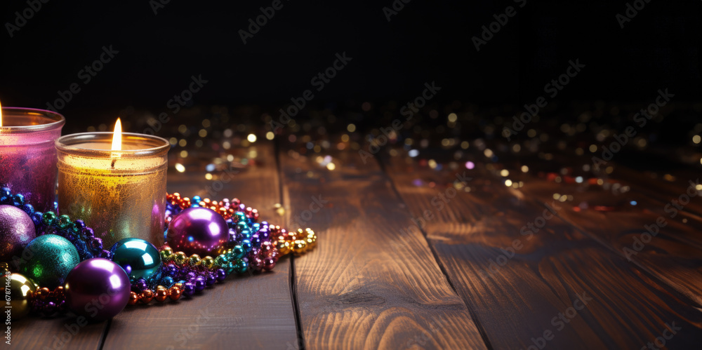 Poster mardi gras themed candles and crafts making process background with empty space for text