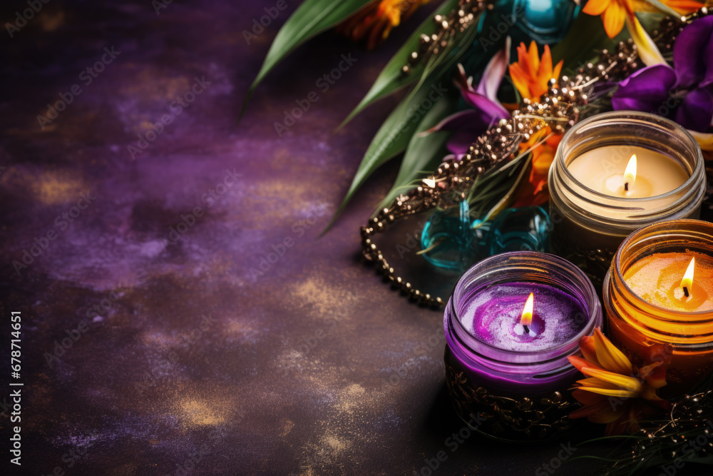 Poster mardi gras themed candles and crafts making process background with empty space for text