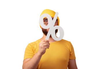 man holding 3D white percentage sign isolated on transparent background, big sales concept