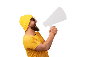 man screaming into  megaphone isolated on transparent background