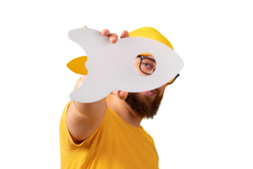 man holding rocket isolated on transparent background, guy with successful startup